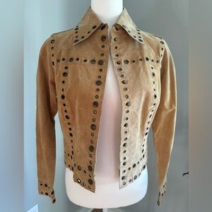 Cache tan leather fitted jacket, bronze ring accents. Excellent condition. XS.